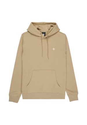 Beige huppari, jossa edessä tasku, kiristysnyörit ja pieni logo rinnassa. Valmistettu pehmeästä, teksturoidusta kankaasta.