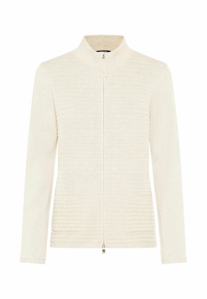 Helle Creme-Farben Strickjacke mit hohem Kragen, durchgehendem Reißverschluss, strukturiertem Strickdesign und zwei Vorderaschen. Lange Ärmel mit gerippten Bündchen.