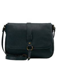 Mörk tealfärgad lädercrossbody-väska med klaffstängning, justerbar rem, guldfärgad hårdvara och en slät yta. Har ett dekorativt spänne.