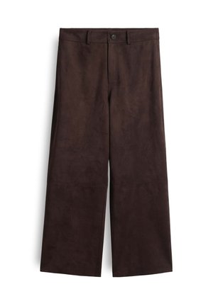 Brown suede wide-leg pants with a smooth texture, featuring a button closure and belt loops, designed for a relaxed fit and flowy silhouette.