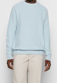 Hellblaues gestricktes Sweatshirt mit rundem Halsausschnitt, lockerer Passform, gerippten Bündchen und Saum, kombiniert mit hellbeigen Hosen.