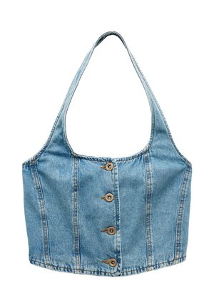 Top court en denim bleu clair avec de larges bretelles, comportant six boutons sur le devant et des coutures verticales. Tissu lisse et texturé.