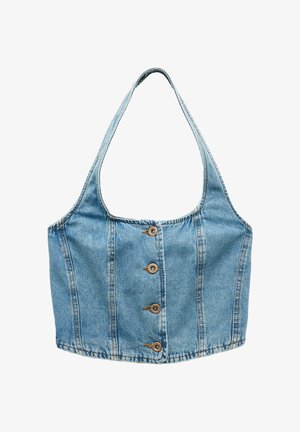 Top court en denim bleu clair avec de larges bretelles, comportant six boutons sur le devant et des coutures verticales. Tissu lisse et texturé.
