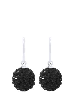 Boucles d'oreilles gouttes en argent avec des sphères rondes incrustées de cristaux noirs suspendues à des crochets courbés sur un fond blanc.
