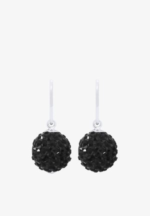 Boucles d'oreilles gouttes en argent avec des sphères rondes incrustées de cristaux noirs suspendues à des crochets courbés sur un fond blanc.