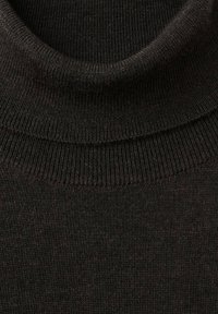 Ciemnobrązowy dziergany sweter z wysokim, zaokrąglonym kołnierzem. Materiał jest miękki, o subtelnej fakturze i prążkowanym wykończeniu przy dekolcie.