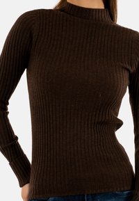 Maglione a collo alto marrone a coste con maniche lunghe, caratterizzato da un design aderente e un tessuto testurizzato. Nessun motivo visibile o decorazioni.