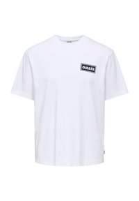 White cotton t-shirt with a crew neckline, short sleeves, and a rectangular black patch reading "oasis" on the left chest area.