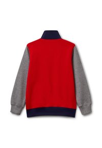 Pullover a maniche lunghe con corpo rosso, maniche grigie e colletto e orlo blu scuro, mostrato dal retro su uno sfondo bianco.