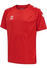 Rotes sportliches Trikot aus atmungsaktivem Material, mit rundem Ausschnitt, kurzen Ärmeln sowie weißen Logos und Schulterakzenten.