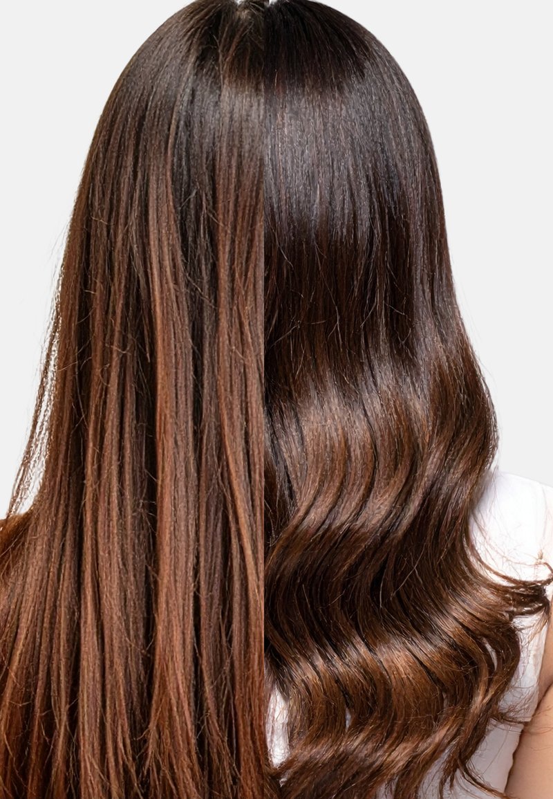 Cabello liso y castaño a la izquierda, suave y brillante; cabello castaño ondulado a la derecha, con rizos definidos y un brillo saludable.