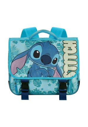 Bolsa de mensajero de lona azul con diseño del personaje Stitch, patrones florales, correas ajustables y dos hebillas negras para el cierre.