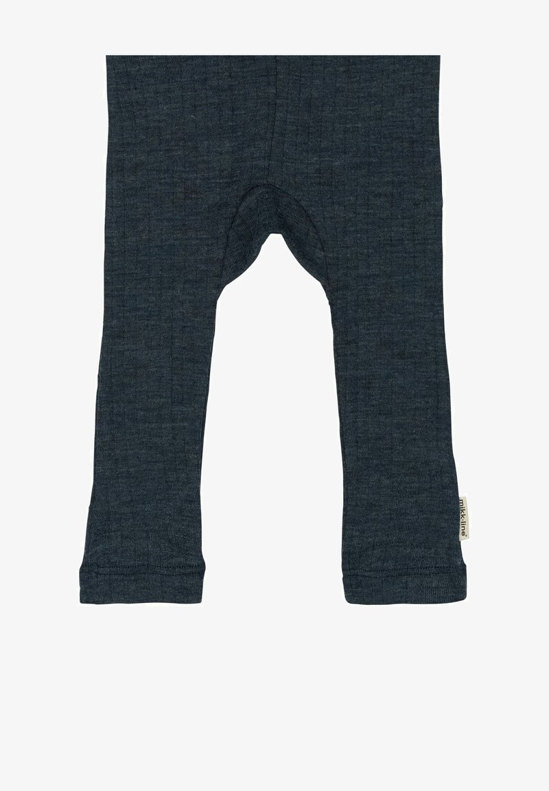 Leggings infantiles de color azul oscuro, confeccionados con un tejido de punto suave. Presentan un área de entrepierna redondeada, piernas largas y delgadas, y una sutil textura.