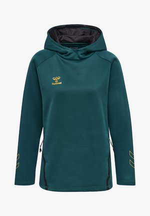 Teal hoodie met een voorzak, een zwart gevoerde capuchon en gouden logo details. Heeft lange mouwen met ritssluiting aan de zijkant.