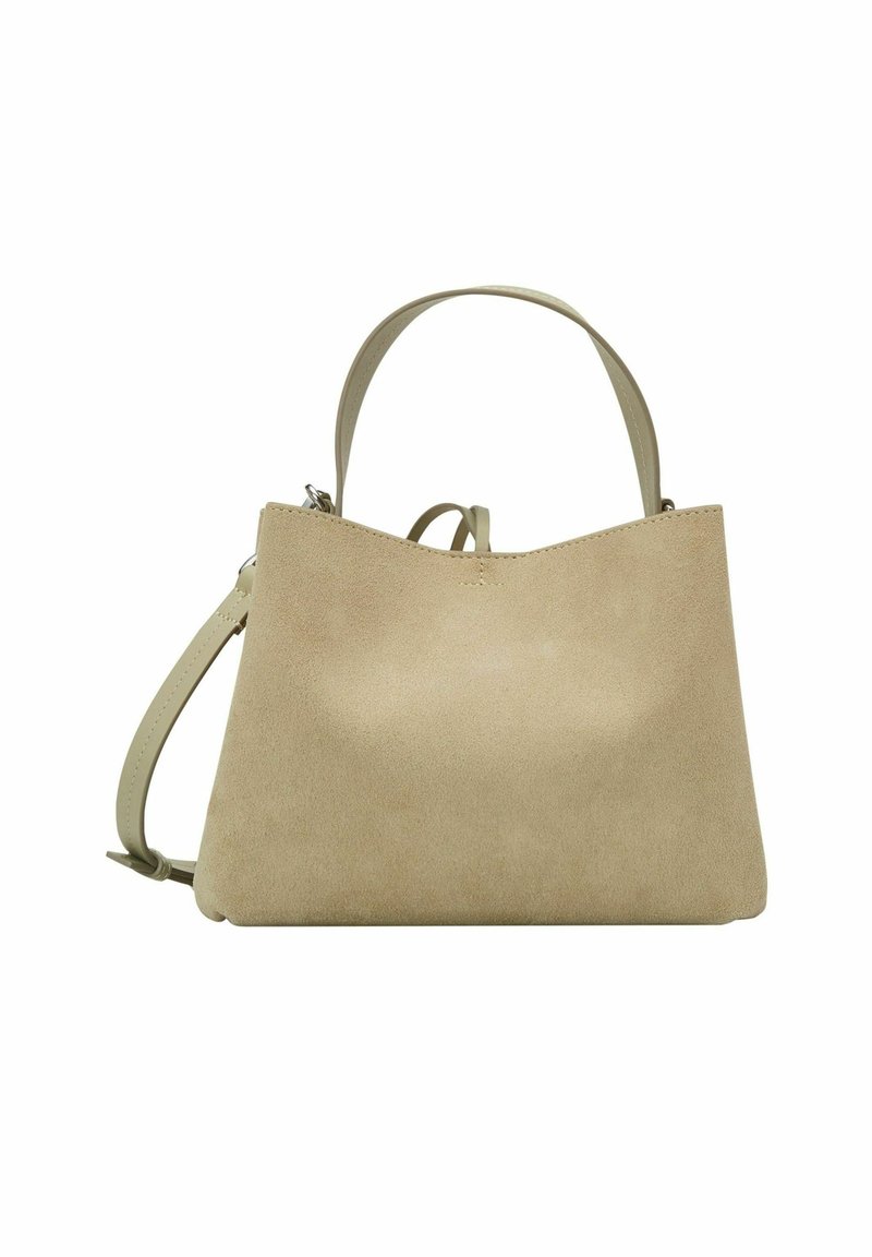 Beige Wildleder-Handtasche mit strukturiertem Design, ausgestattet mit einem einzigen Obergriff und einem abnehmbaren Schulterriemen. Glatte Textur, minimalistische Akzente.