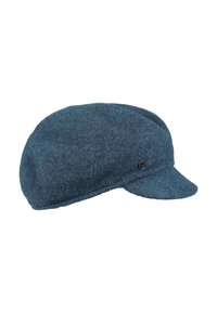 Sötét teal gyapjúfilc sapka, kerek formájú, kis nappal, oldalsó gombdísszel kiemelve.