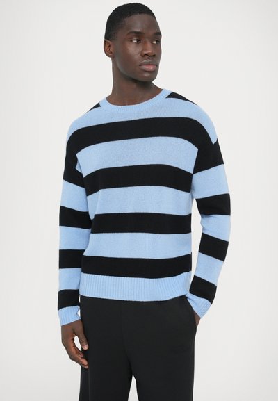 Pull rayé bleu clair et noir, en tissu tricoté doux. Comprend un col rond, des poignets côtelés et une coupe décontractée.
