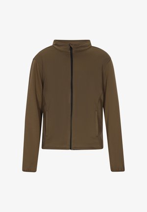 Veste zippée marron avec col montant, manches longues, poches latérales et finition en tissu lisse. Présente des détails de fermeture éclair noire.
