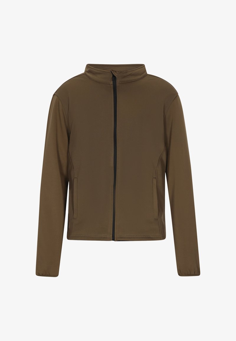 Brown zip-up jacket with a stand collar, long sleeves, side pockets, and smooth fabric finish. Features black zipper detail.