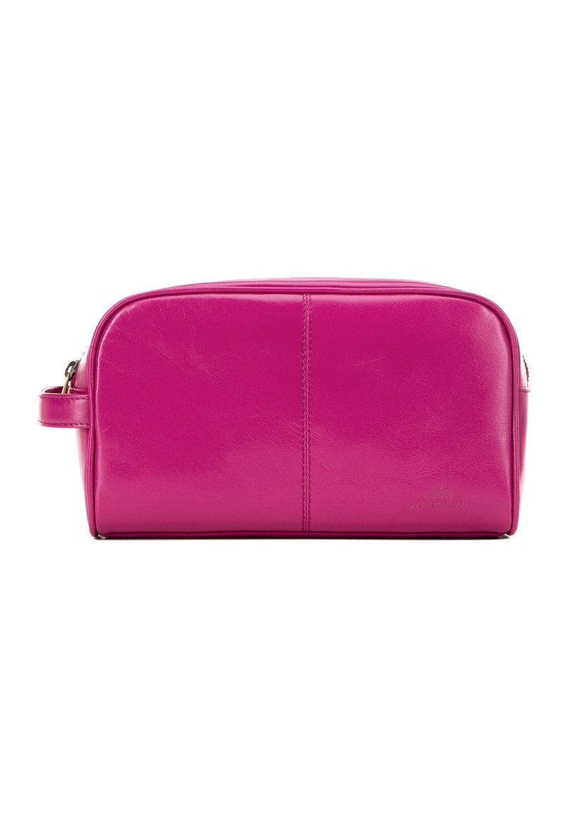 Růžová kožená kosmetická taštička s hladkým povrchem, obdélníkovým tvarem, zipovým uzávěrem a bočním uchopením pro snadné nošení. Výrazné švy.