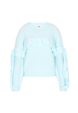 Light blue knitted sweater featuring oversized ruffled accents on the front and sleeves, with a crew neckline and ribbed cuffs.