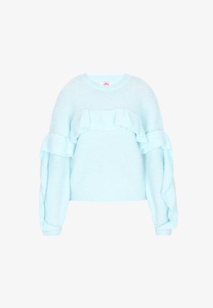 Hele sinine kohakudumisega sviiter, millel on ees ja varrukatel ülisuurte pitside aksessuaare, ümar kaelus ja soonikkoes mansetid.