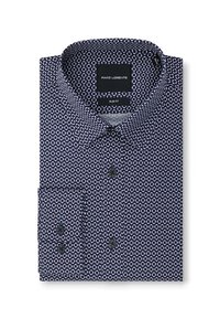 Wąsko dopasowana granatowa koszula z białym, drobnym wzorem kwiatowym, z zapięciem na guziki z przodu i przy mankietach, starannie złożona.