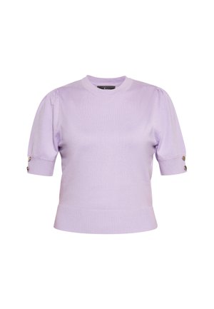 Lila gestrickter Pullover mit kurzen Ärmeln, geripptem Saum und Puffärmeln. Verfügt über dekorative Knöpfe an den Bündchen für zusätzlichen Detail.