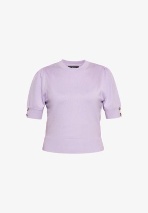 Lila gestrickter Pullover mit kurzen Ärmeln, geripptem Saum und Puffärmeln. Verfügt über dekorative Knöpfe an den Bündchen für zusätzlichen Detail.