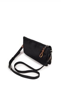 Černá syntetická crossbody taška se zipem a koženými akcenty. Obsahuje dlouhý nastavitelný popruh a hladkou texturu.