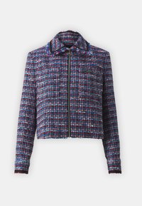 Korte, cropped jas van multikleurig tweed met een rits aan de voorkant, een brede kraag en geribde manchetten. Bevat een subtiele logo op de borst.
