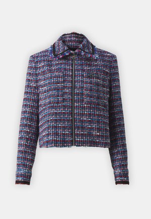 Giacca corta e cropped in tweed multicolore con zip frontale, ampio colletto e polsini a costine. Presenta un logo discreto sul petto.