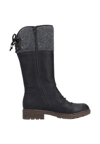Botas de cuero negras hasta la rodilla con un puño de fieltro gris, cremallera lateral y cordones decorativos. Suela resistente con agarre texturizado.