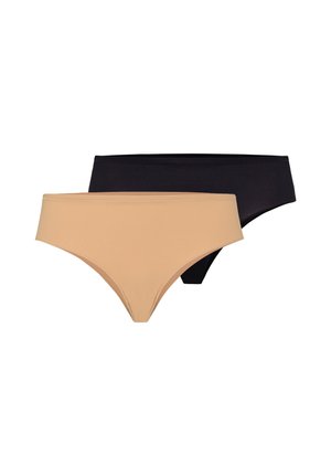 Dwa damskie bezszwowe figi typu bikini w kolorze beżowym i czarnym, pokazane jedna przed drugą na białym tle.