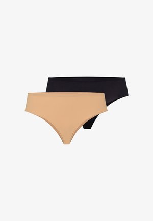 Twee naadloze damesbikinislipjes in beige en zwart, de een voor de ander getoond op een witte achtergrond.