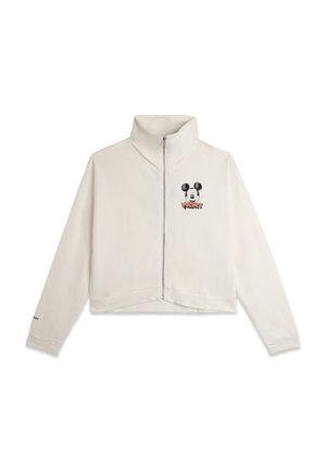 Sweatshirt zippé court crème avec col montant, orné d'un graphique noir de Mickey Mouse et du texte "WICKY" en orange. Tissu doux, coupe décontractée.