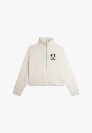 Sweatshirt zippé court crème avec col montant, orné d'un graphique noir de Mickey Mouse et du texte "WICKY" en orange. Tissu doux, coupe décontractée.