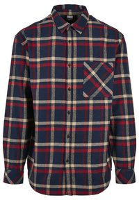 Flanellhemd in Marineblau, Rot und Creme mit Karomuster. Verfügt über einen Knopfverschluss, lange Ärmel und eine linke Brusttasche mit passendem Muster.