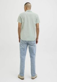Camisa de manga corta en verde menta con un pliegue en la espalda, combinada con jeans rectos de pierna azul claro y zapatos beige. Diseño simple, sin patrones visibles.