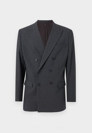 Grijze dubbelzijdige blazer met pinstripes, voorzien van een reverskraag, twee voorzakken en zwarte knopen. Glad stofoppervlak.