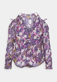 Blouse transparente à manches longues avec imprimé floral abstrait violet, rose et jaune, manches froncées, et découpes aux épaules avec liens à nouer.