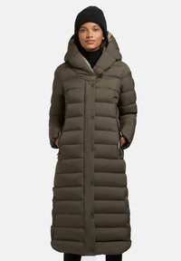 Long, olive green puffer coat with a hood, featuring horizontal baffle quilting, snap buttons, and side pockets. Textured, smooth fabric.