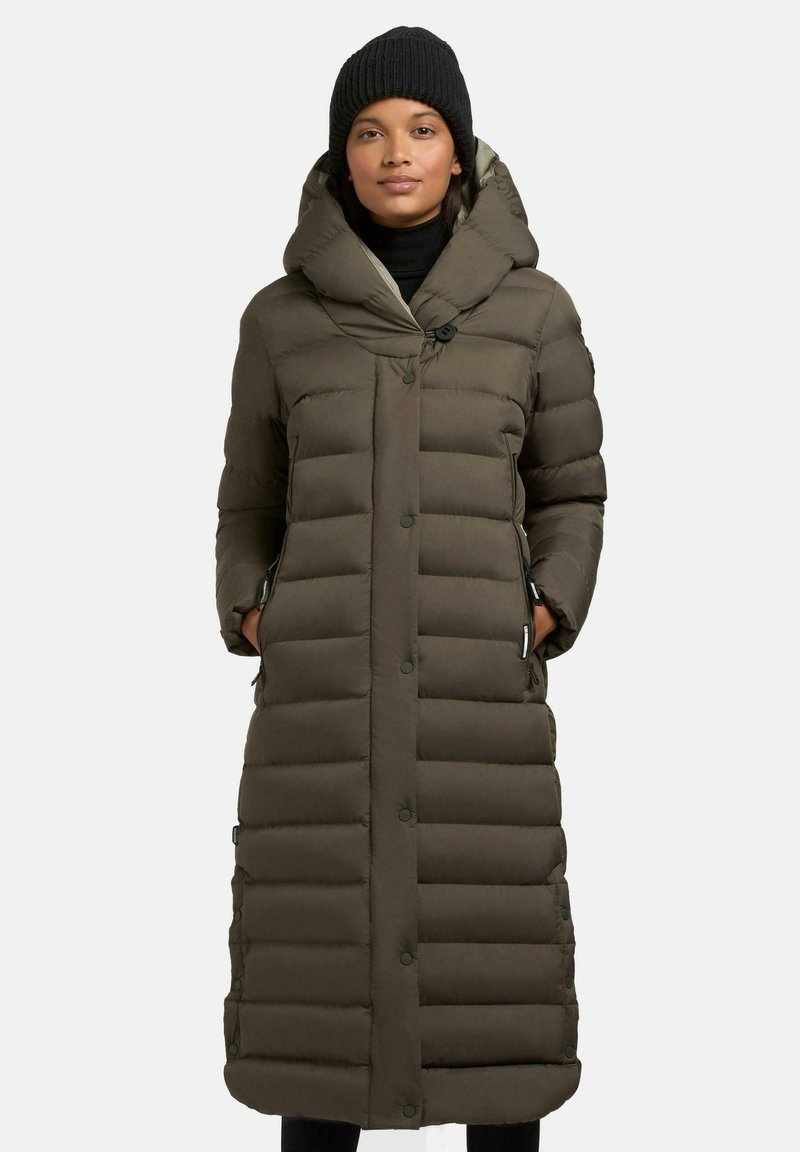 Long, olive green puffer coat with a hood, featuring horizontal baffle quilting, snap buttons, and side pockets. Textured, smooth fabric.