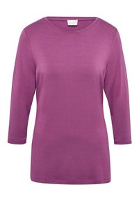 Lila Langarm-T-Shirt mit Rundhalsausschnitt, weichem Material und gestickten Details. Einfaches Design, leichtes Gewebe und lockere Passform.