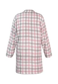 Koszula z długim rękawem w różowo-szaro-białą kratę. Miękki materiał, luźny krój, okrągły dekolt oraz dół sięgający do bioder.