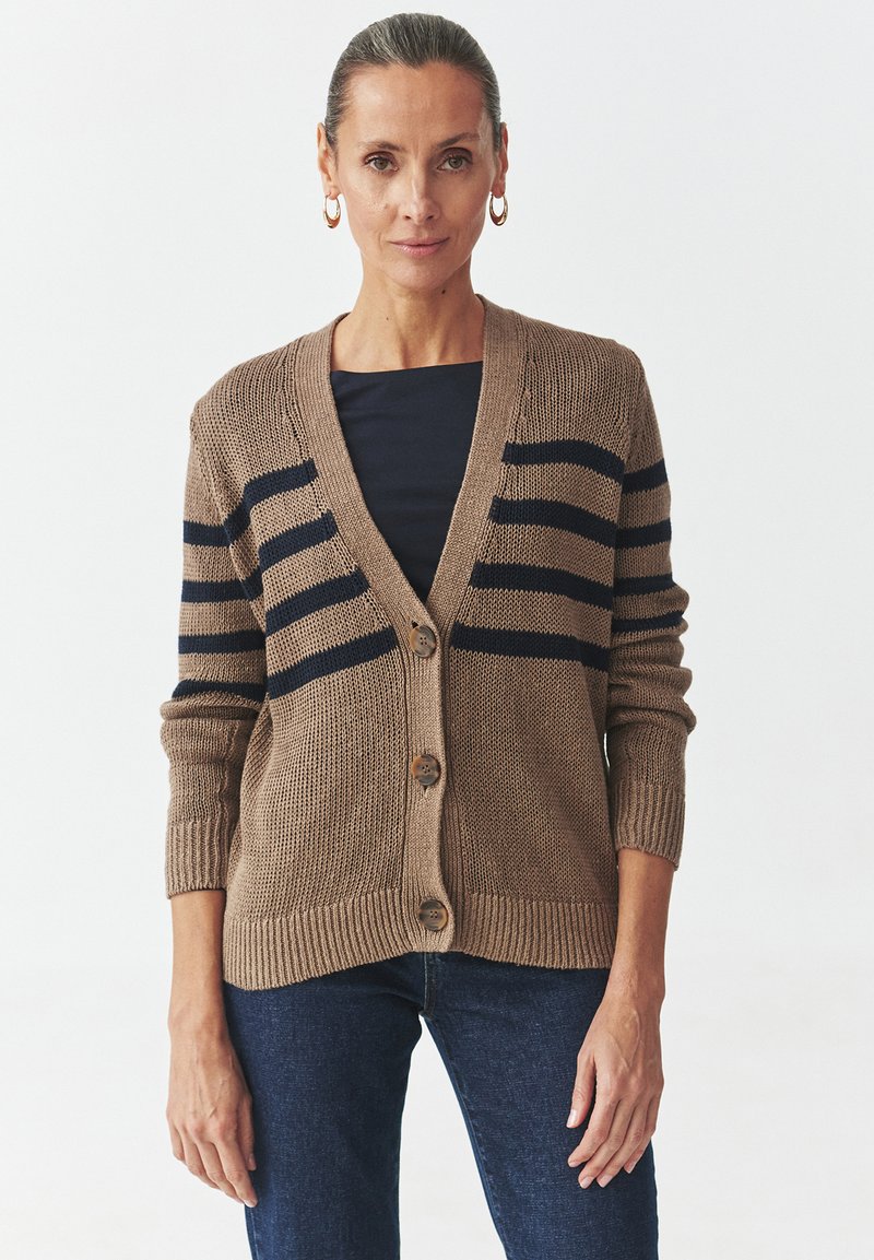 Knitted cardigan in brown with navy horizontal stripes, featuring a V-neck, five buttons, and ribbed cuffs and hem.