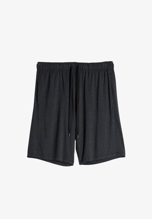 Pantalones cortos deportivos de color gris oscuro hechos de una tela suave. Cuentan con una cinturilla elástica con cordón, bolsillos laterales y un corte holgado.