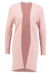 Cardigan a maniche lunghe in morbido rosa con texture a coste e design aperto davanti. Presenta un pannello interno a contrasto in una tonalità di rosa più scura.