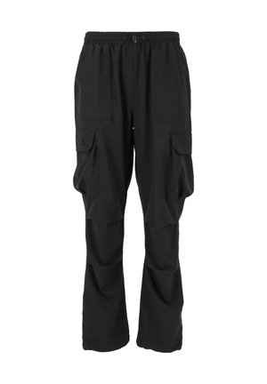 Svarta cargobyxor med elastisk midja, snören och flera sidofickor; lös passform med plisserad textur.