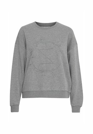 Grijze sweatshirt van zacht materiaal, met een ronde halslijn en een geborduurd decoratief ontwerp in het midden. Relaxte pasvorm en ribgebreide boorden.